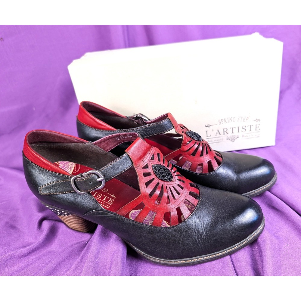 Spring Step L'Artiste Black/Red Goth Leather Pump Strappy 8.5 Block Heel Vintage